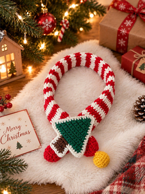 Red and white striped crochet pet scarf with a Christmas tree applique and yellow bobble