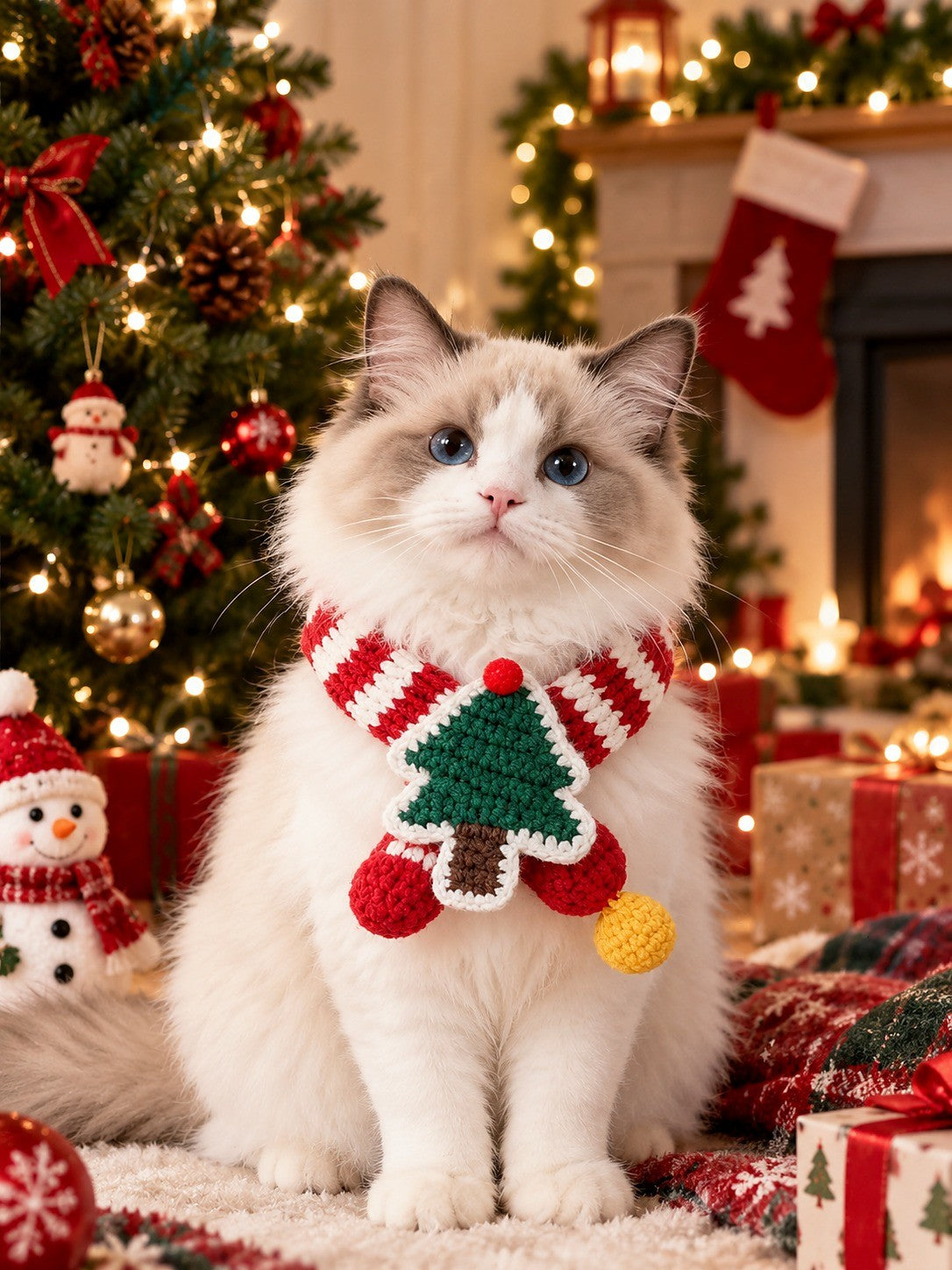 Fluffy cat wearing a striped Christmas tree crochet scarf