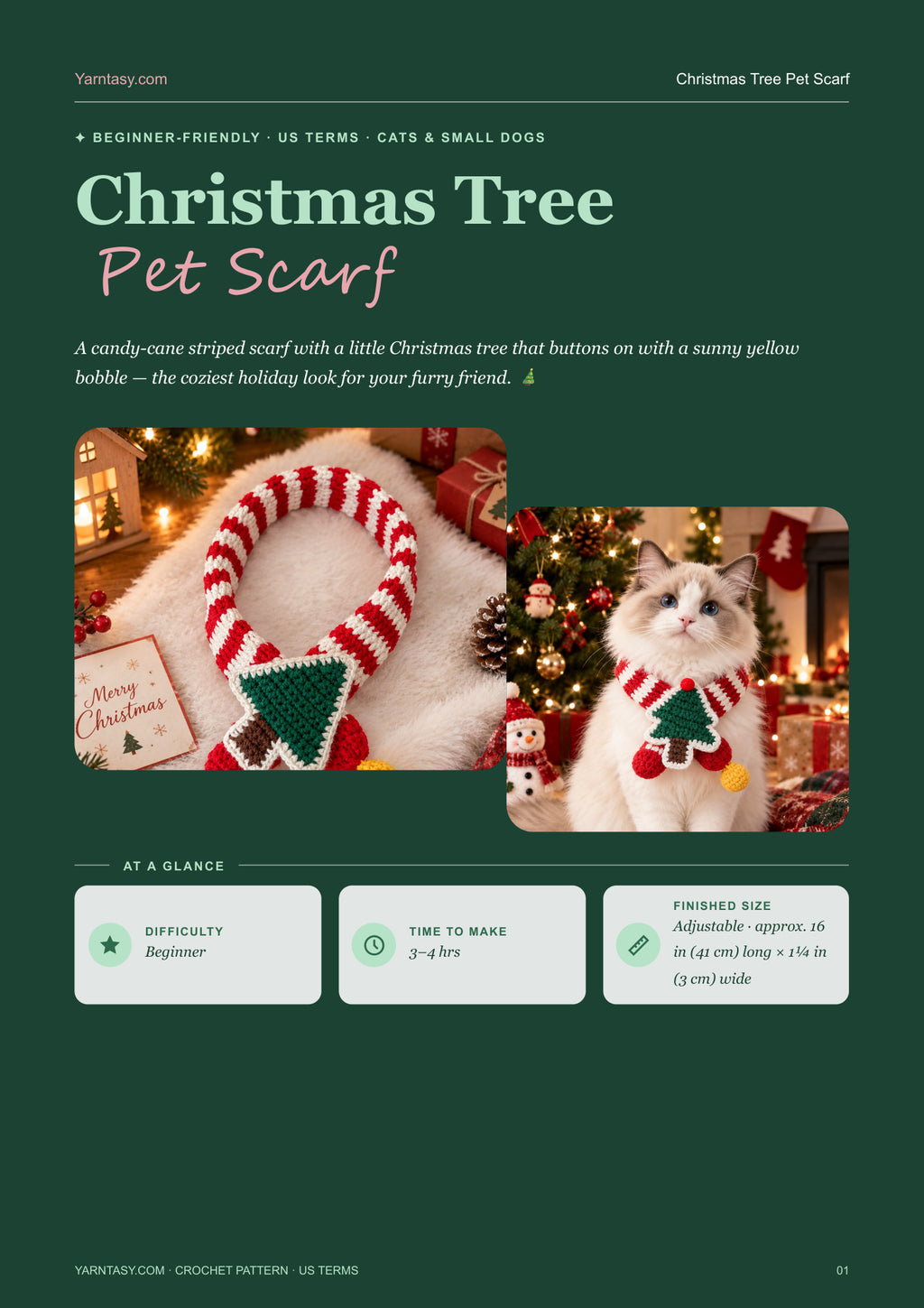 Cover of the Christmas Tree Pet Scarf crochet pattern PDF