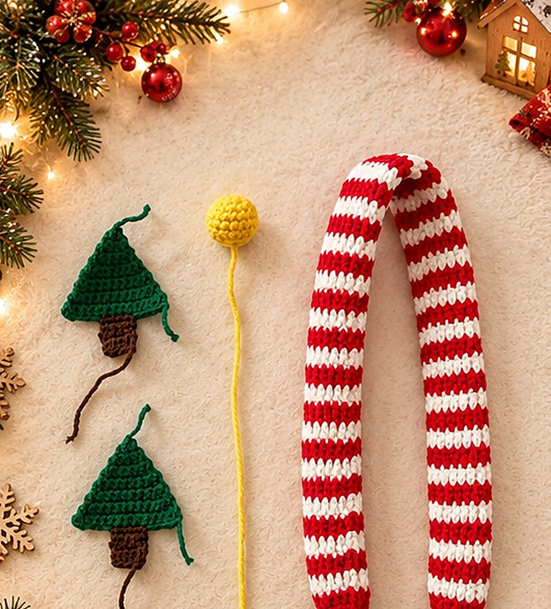 Crochet pet scarf pieces: striped tube, two trees and a bobble