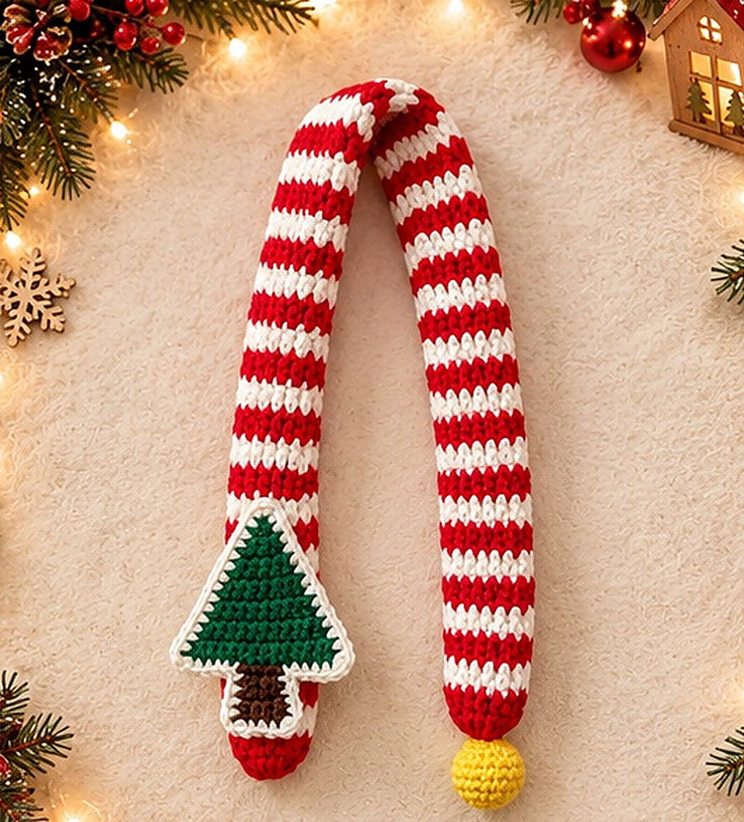 Christmas tree sewn onto the end of the striped crochet scarf