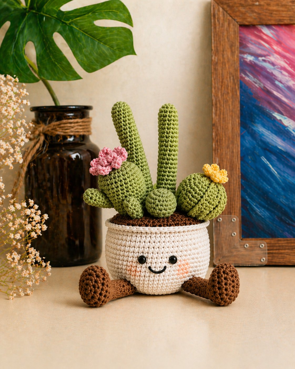 Jelly Cactus Pot Crochet Pattern – Amigurumi Succulent Plant with Smiling Pot & Legs, PDF