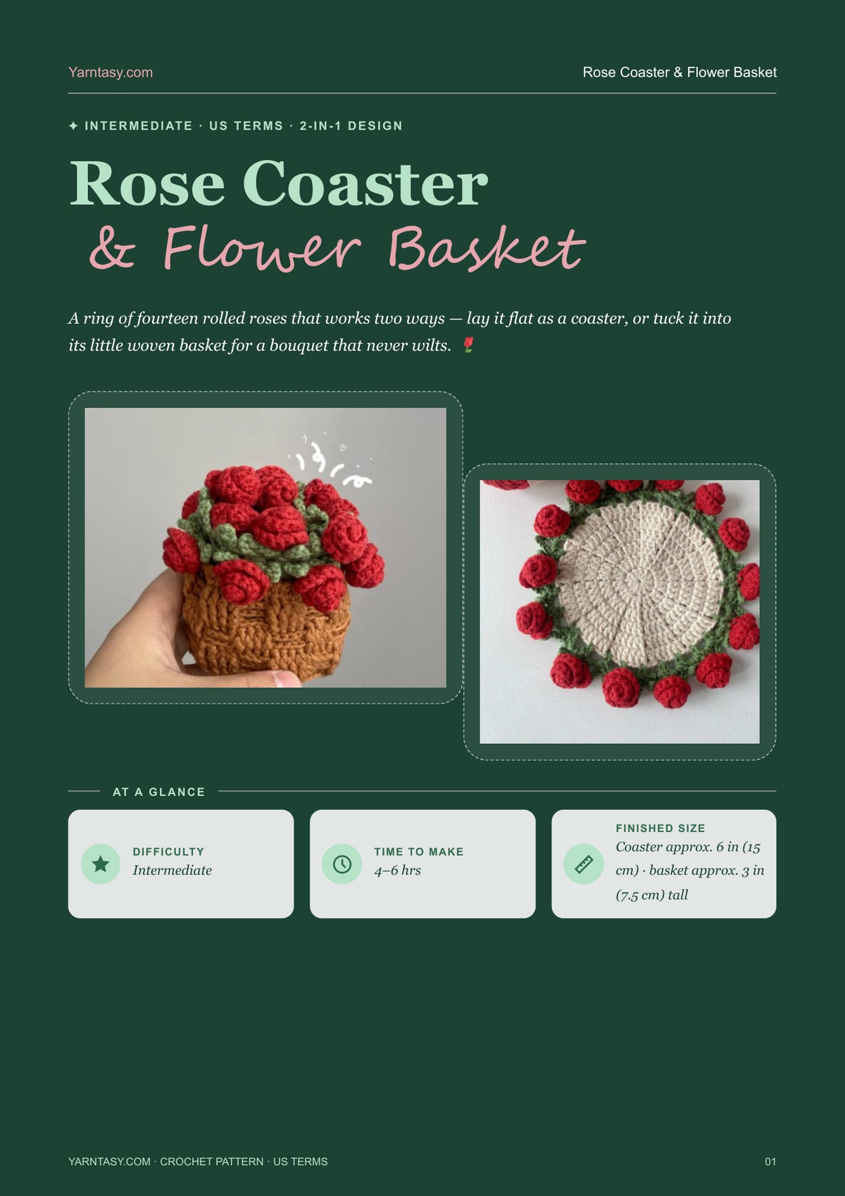 Cover of the Rose Coaster & Flower Basket crochet pattern PDF