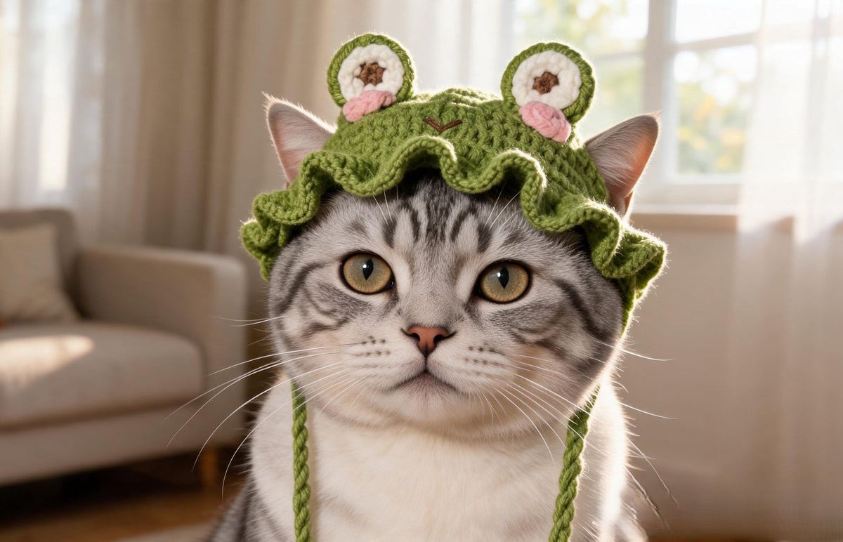 Cat wearing a green crochet frog hat with ruffled brim – Little Frog Cat Hat pattern