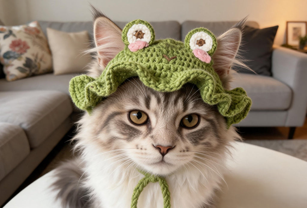 Close-up of crochet frog cat hat with eyes, pink blush cheeks and tie strings