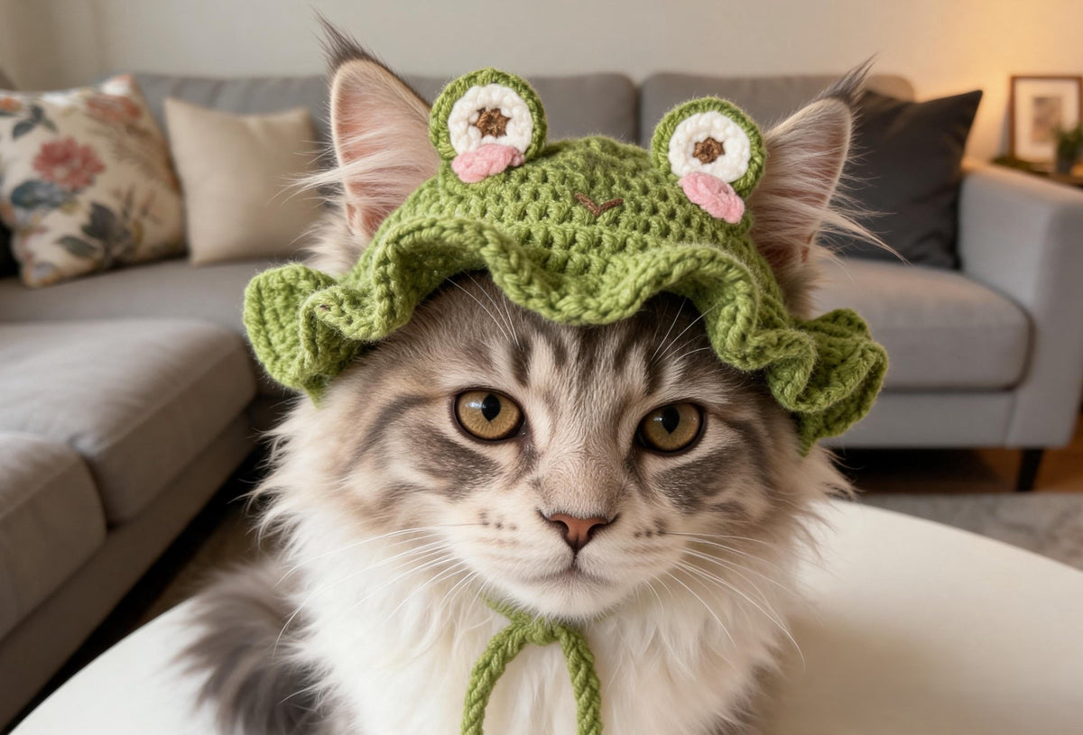 Close-up of crochet frog cat hat with eyes, pink blush cheeks and tie strings